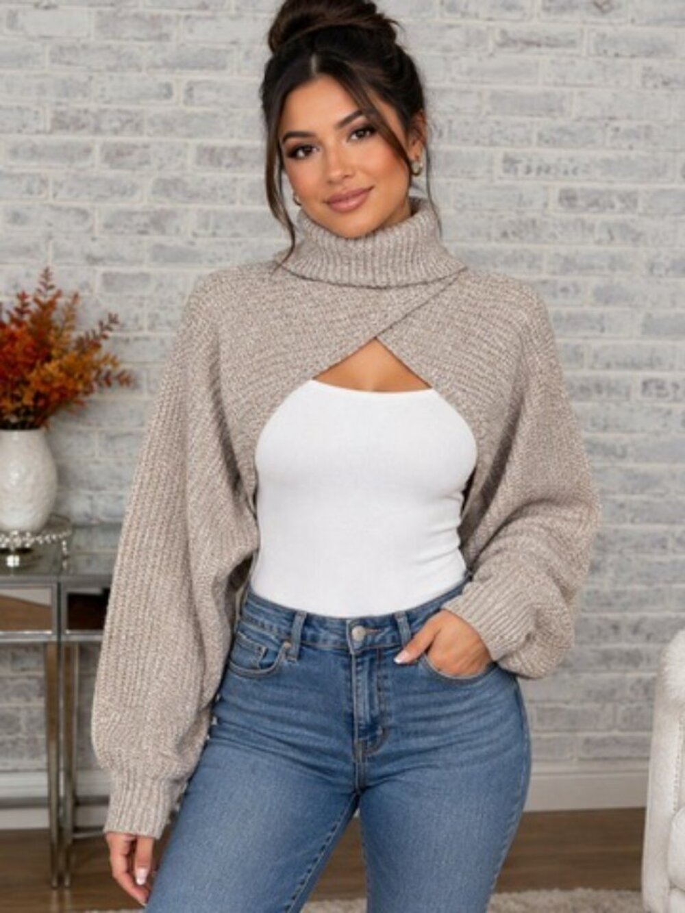 PLT Cozy Baddie Beige Extreme Cropped Knit Jumper Long Sleeve Sweatshirt Size S